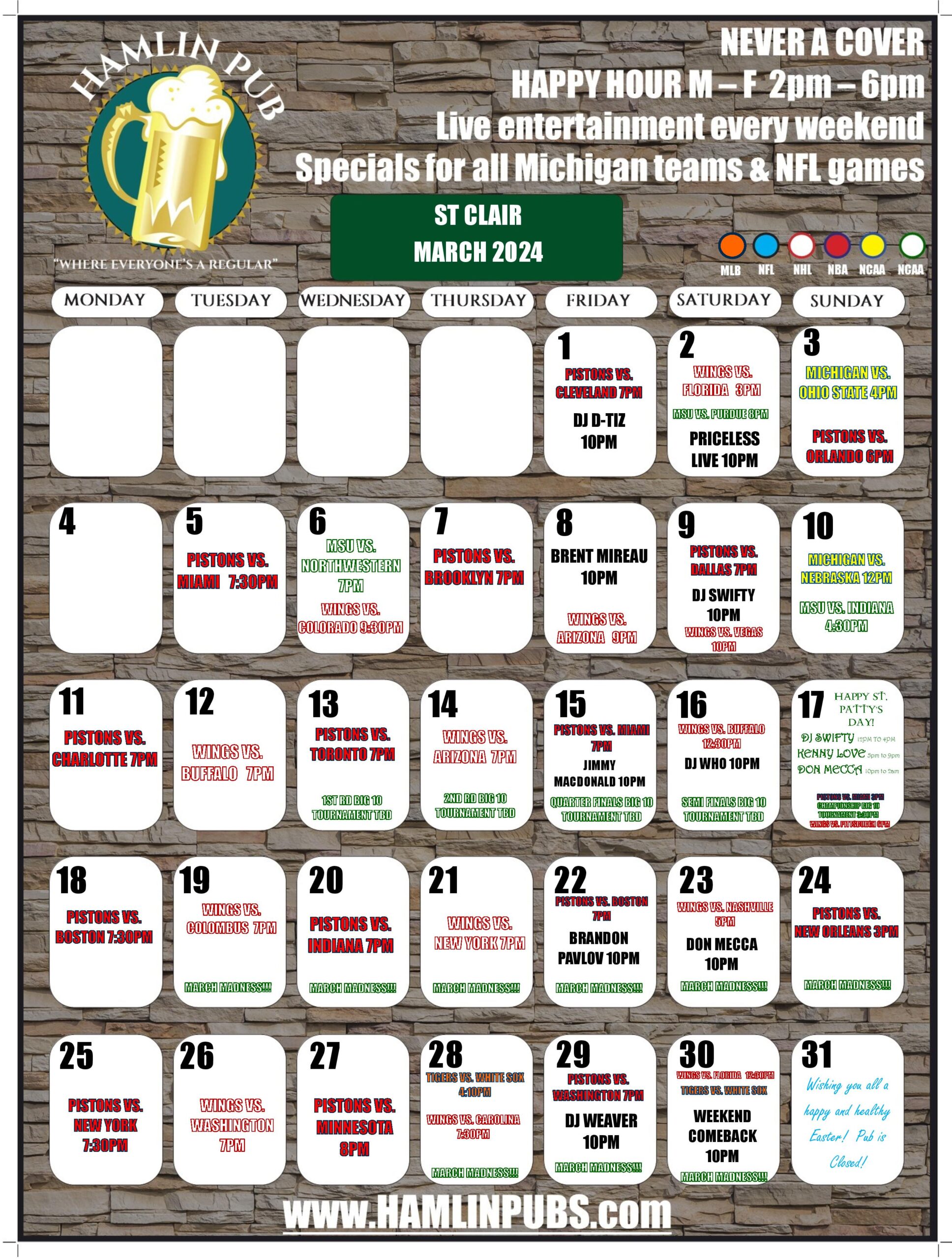 Entertainment Schedule Hamlin Pub