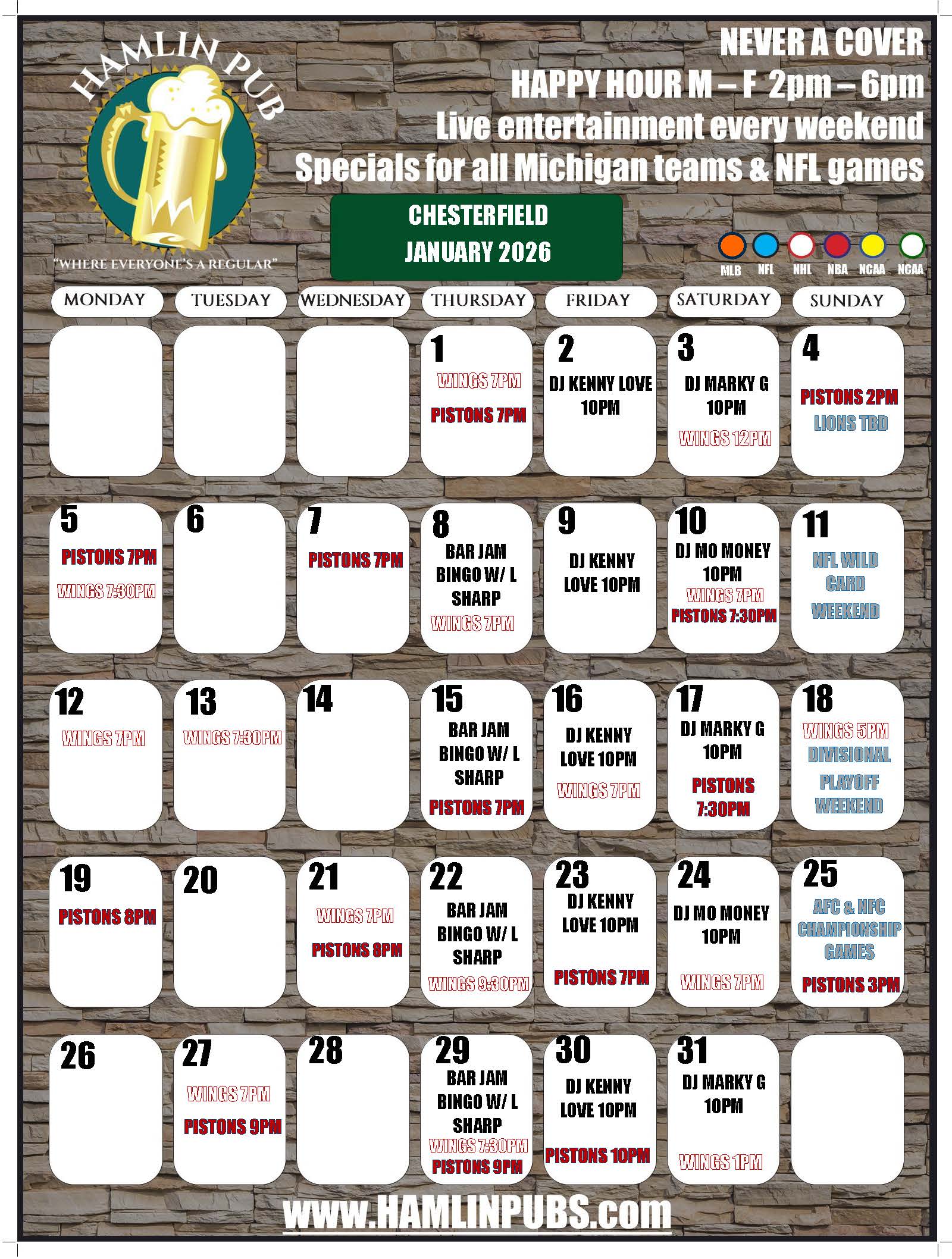 Entertainment calendar for Hamlin Pub Chesterfield for the month of January 2026. Contains sports games, trivia, live entertainment and other local events.