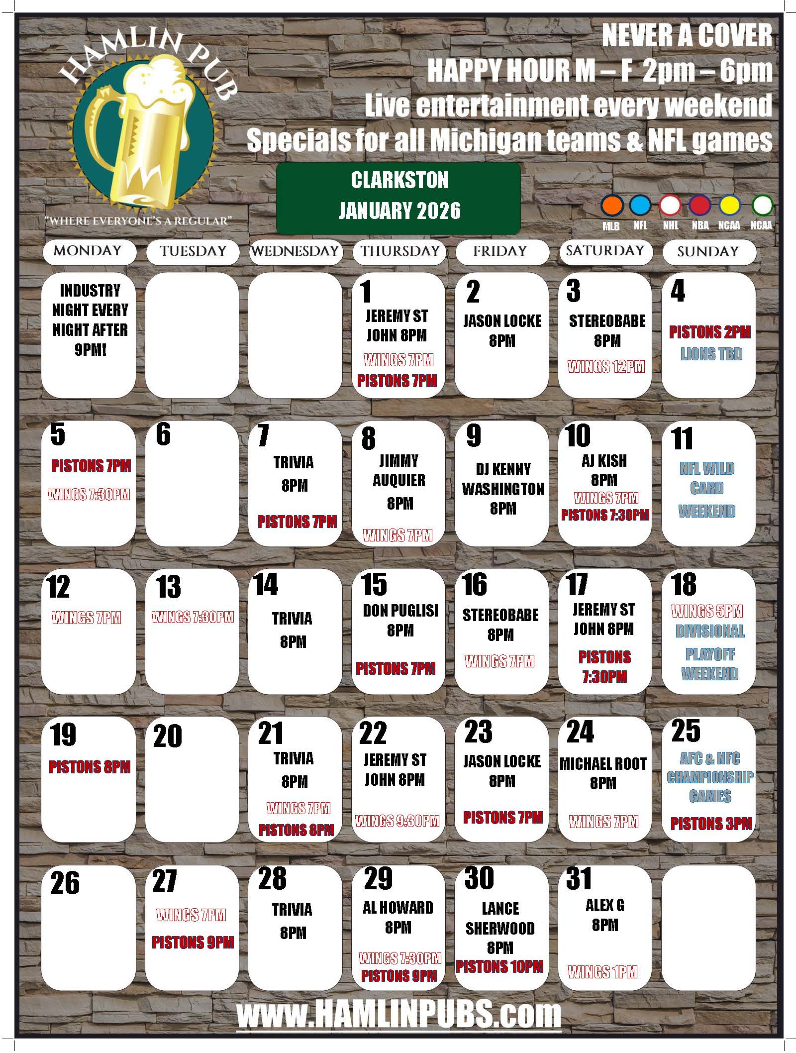 Entertainment calendar for Hamlin Pub Chesterfield for the month of January 2026. Contains sports games, trivia, live entertainment and other local events.