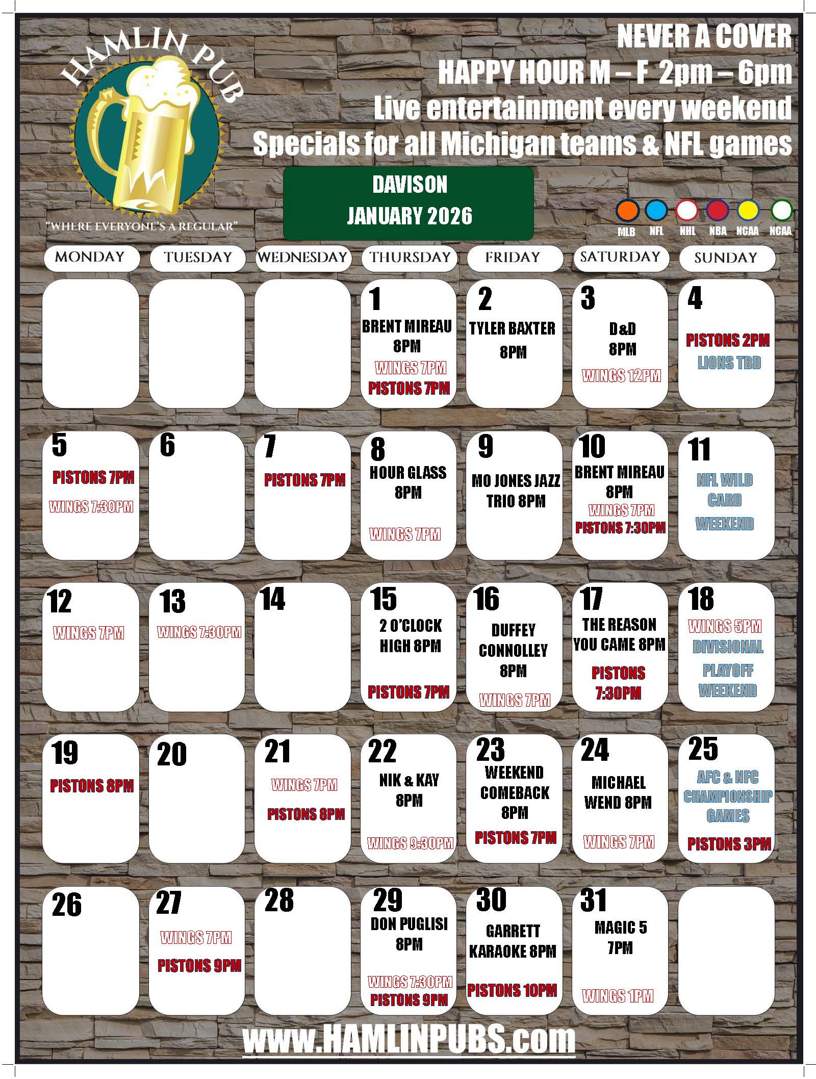 Entertainment calendar for Hamlin Pub Chesterfield for the month of January 2026. Contains sports games, trivia, live entertainment and other local events.