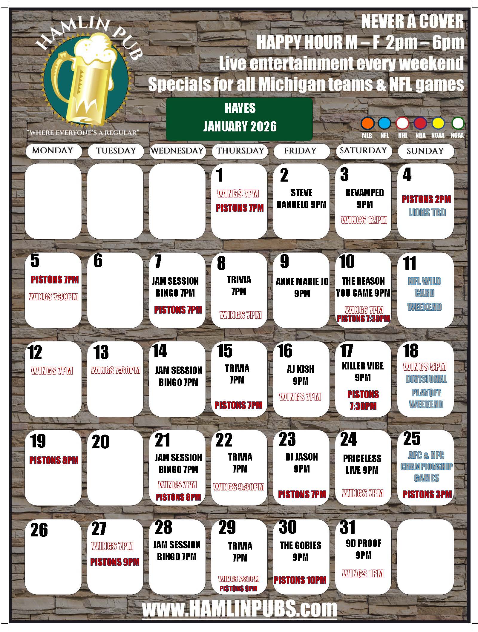 Entertainment calendar for Hamlin Pub Chesterfield for the month of January 2026. Contains sports games, trivia, live entertainment and other local events.