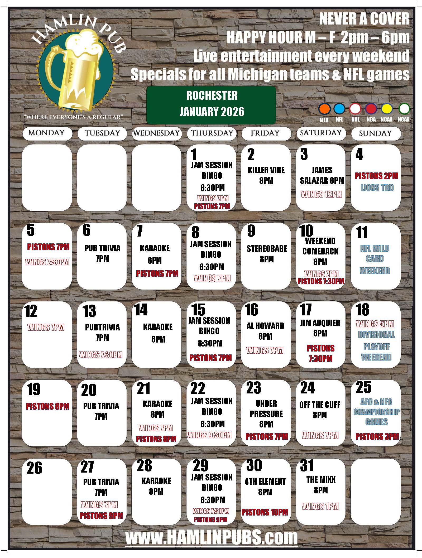 Entertainment calendar for Hamlin Pub Chesterfield for the month of January 2026. Contains sports games, trivia, live entertainment and other local events.