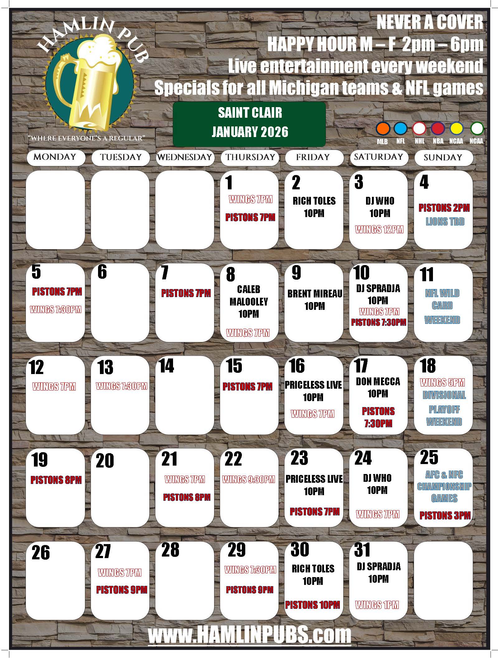 Entertainment calendar for Hamlin Pub St. Clair for the month of January 2026. Contains sports games, trivia, live entertainment and other local events.