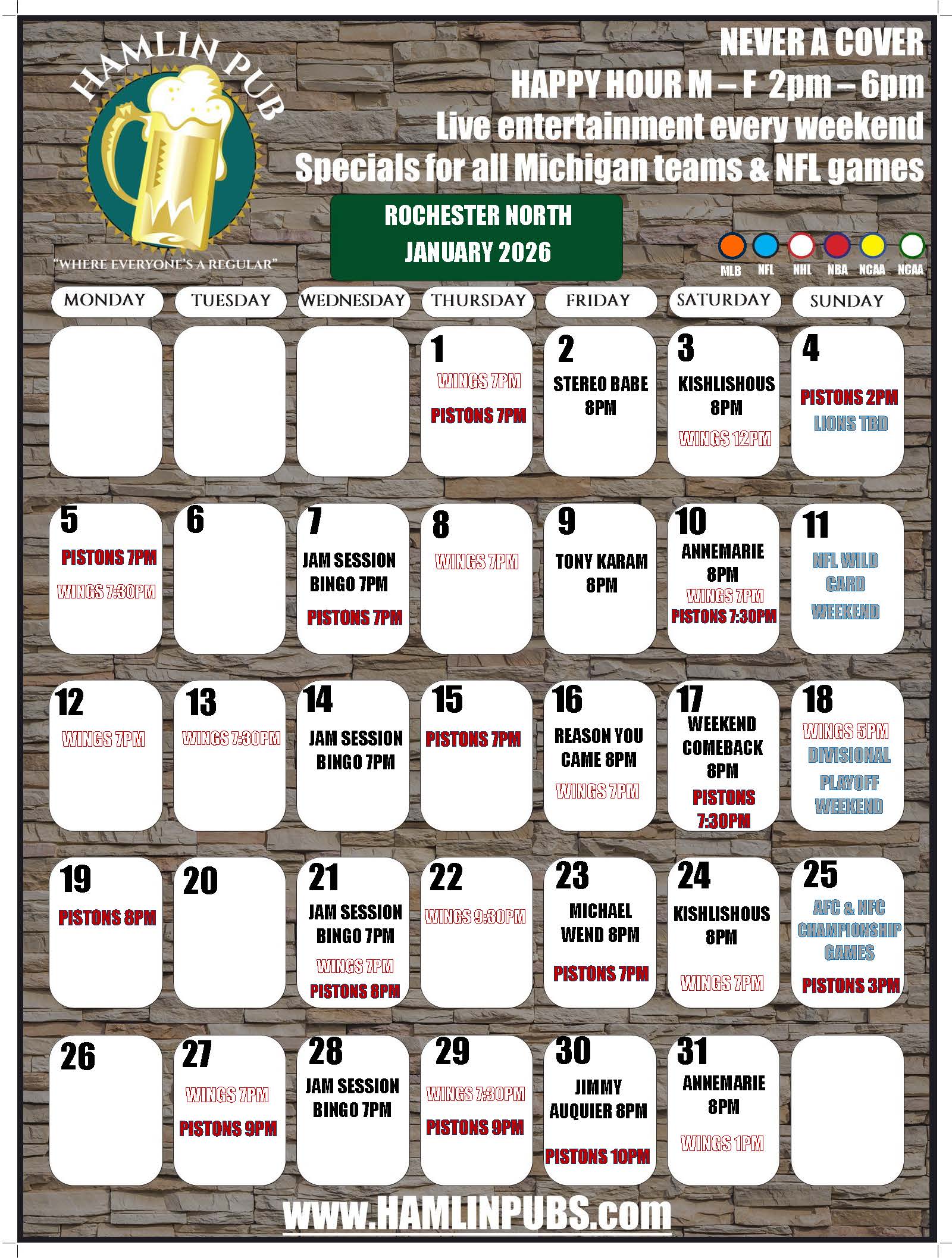 Entertainment calendar for Hamlin Pub Chesterfield for the month of January 2026. Contains sports games, trivia, live entertainment and other local events.