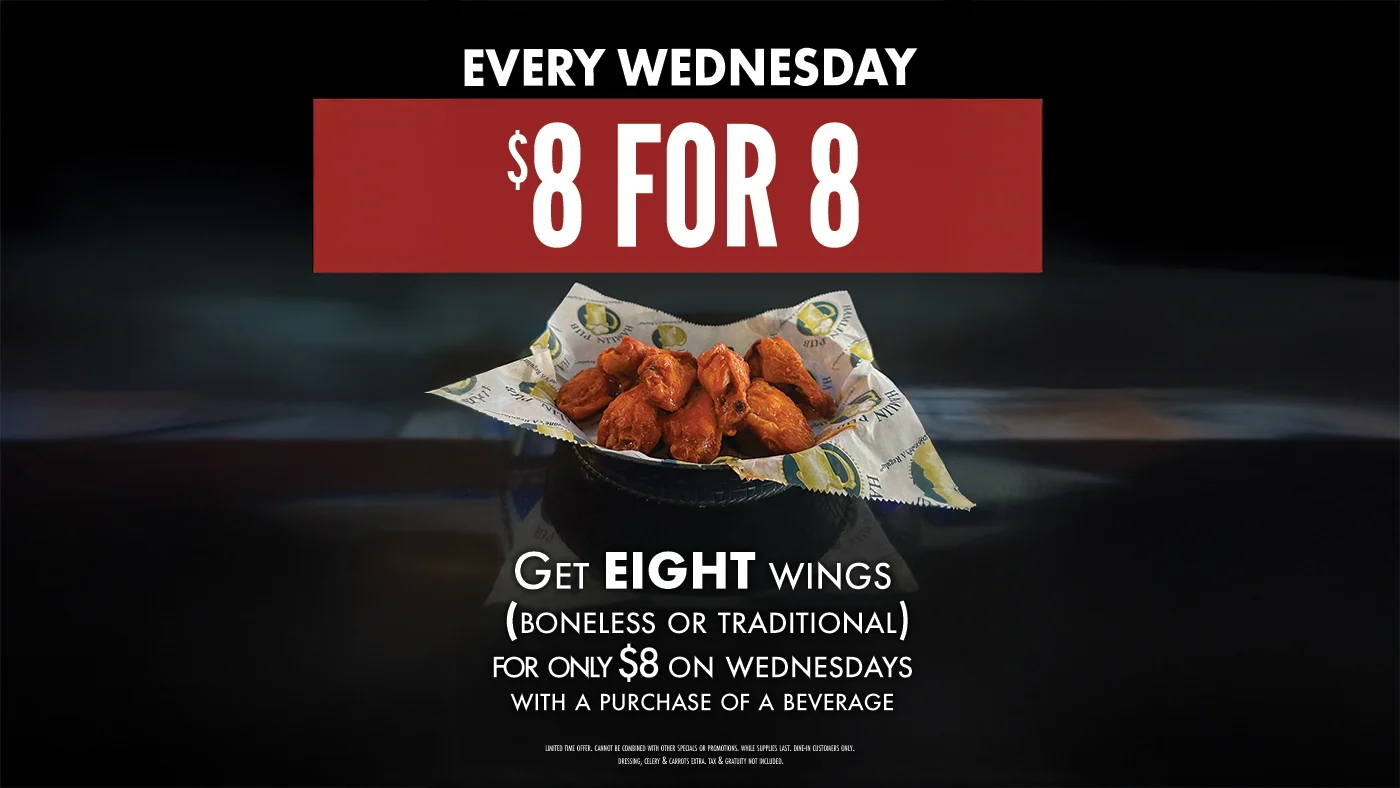 Wednesday special for 8 Chicken Wings for $8 with the purchase of a beverage.