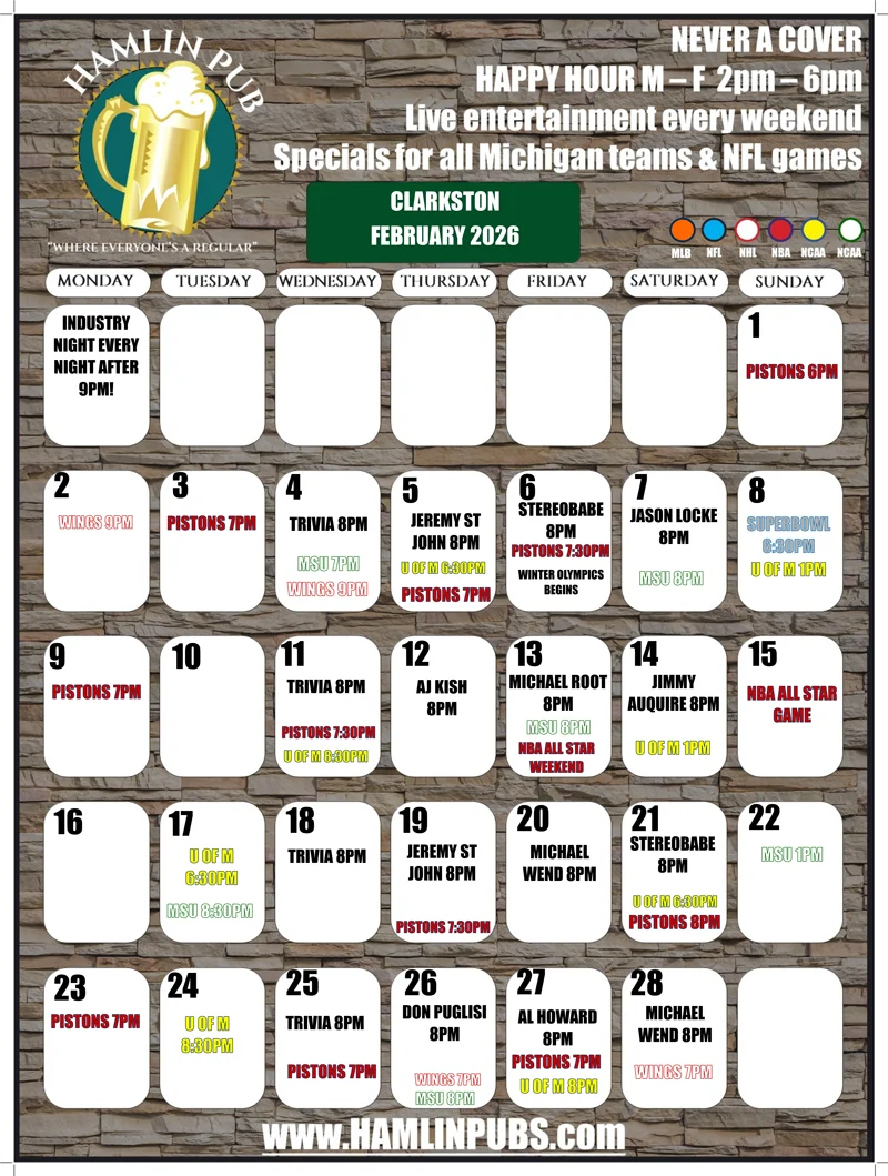 Clarkston, MI Entertainment Calendar for the month of February 2026