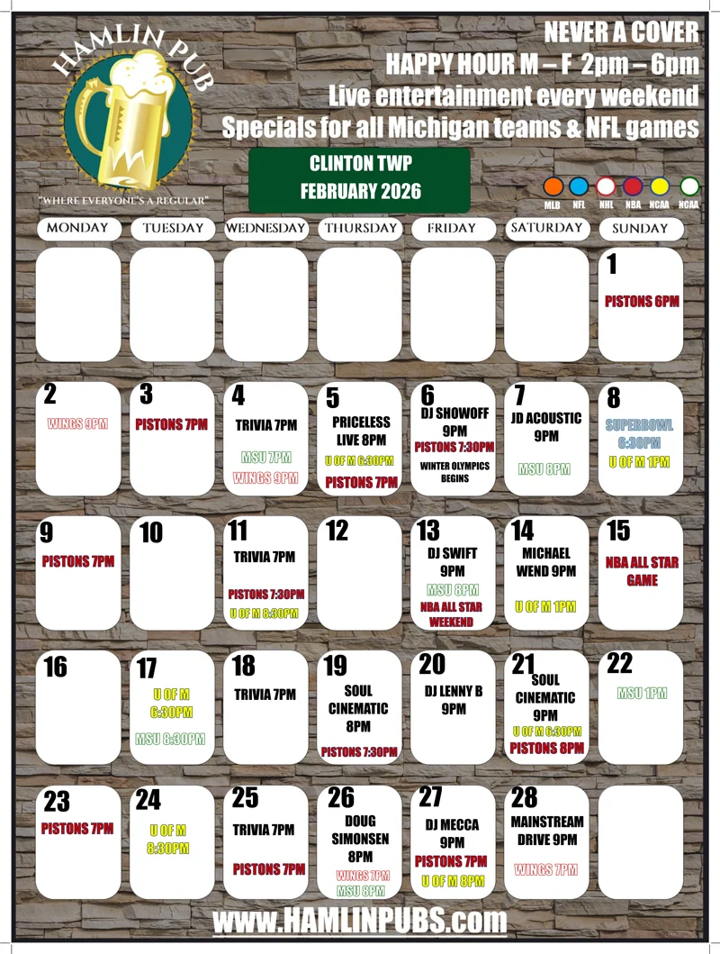 Clinton Twp, MI Entertainment Calendar for the month of February 2026