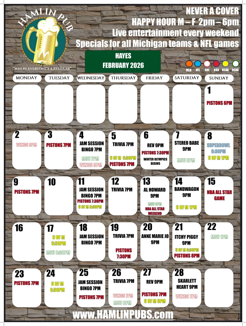 Utica, MI on Hayes Road Entertainment Calendar for the month of February 2026