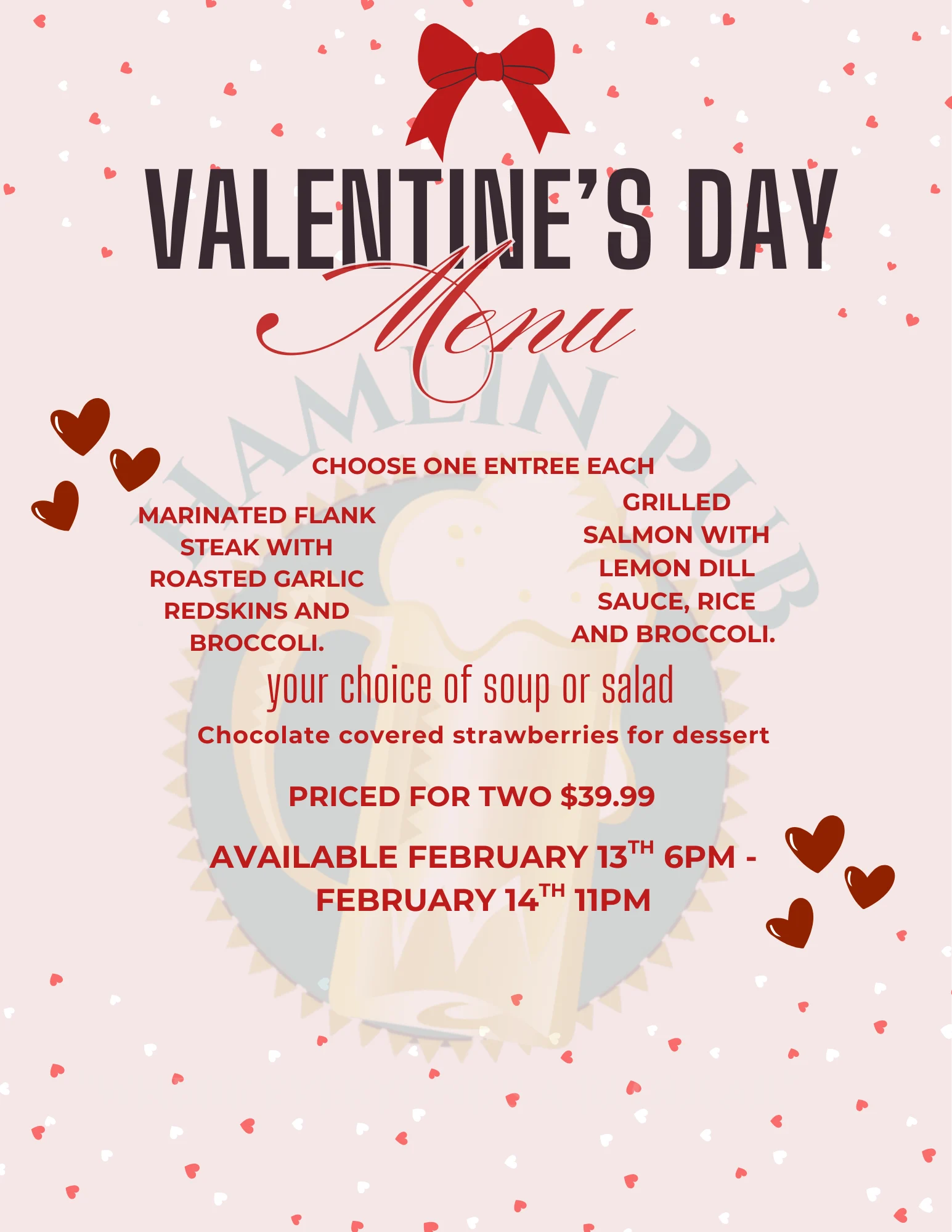 Valentine's Day menu at hamlin up in Davison MI