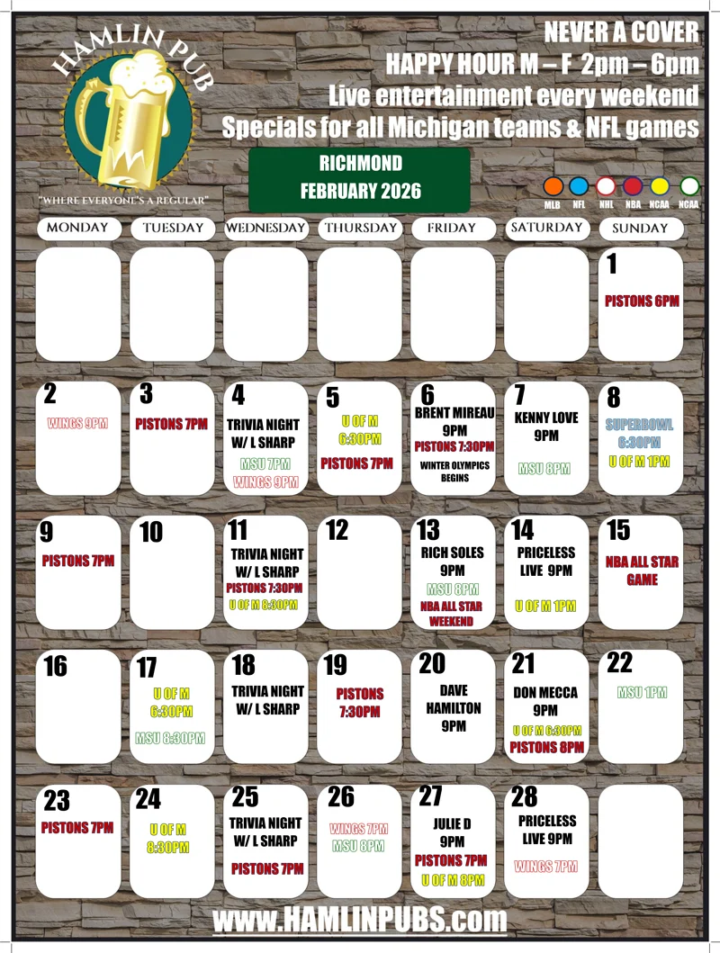 Richmond, MI Entertainment Calendar for the month of February 2026