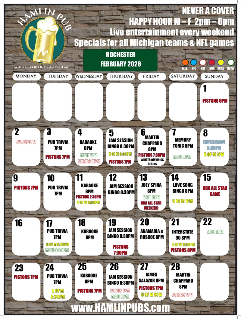 Rochester, MI Entertainment Calendar for the month of February 2026