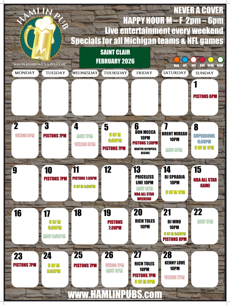 Saint Clair, MI Entertainment Calendar for the month of February 2026