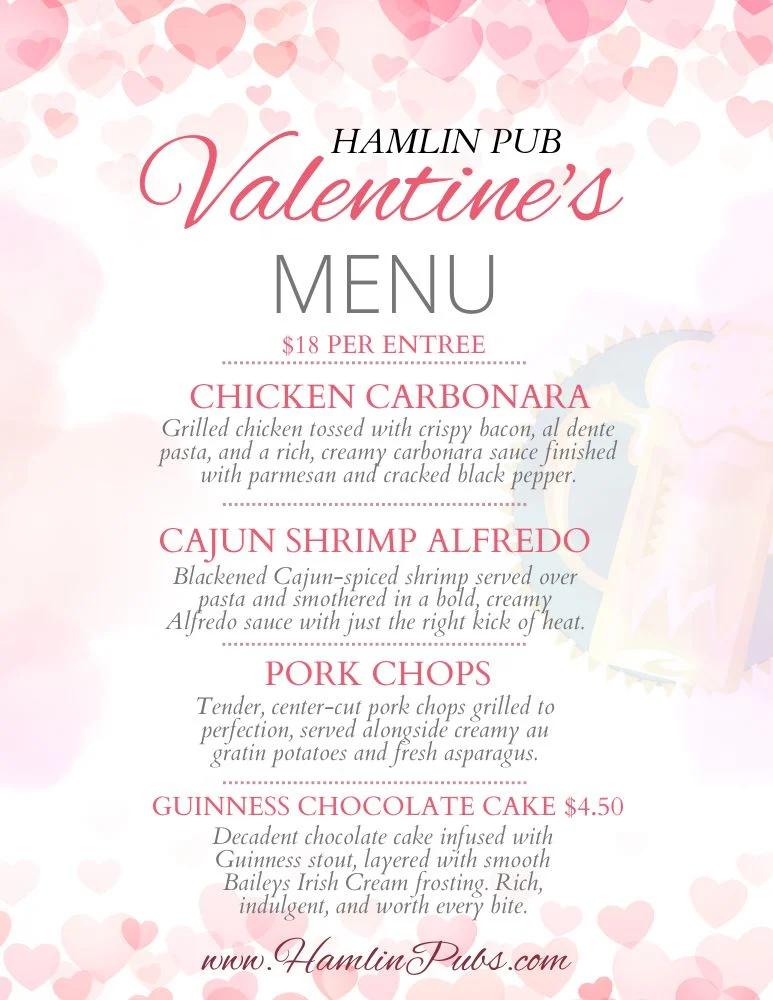 Valentine's Day Menu at Richmond, MI Hamlin Pub