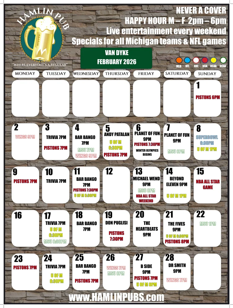 Utica, MI on Vandyke Road Entertainment Calendar for the month of February 2026